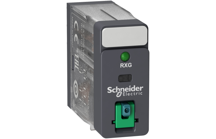 Przekaźnik interfejsowy z przyciskiem test oraz LED 24V DC, 5A, 2 styki C/O | RXG22BD Schneider Electric