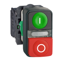 Przycisk zielony kryty/czerwony wystający podświetlany dwuklawiszowy Fi-22mm 1NO 1NC 24V | XB5AW73731B5 Schneider Electric
