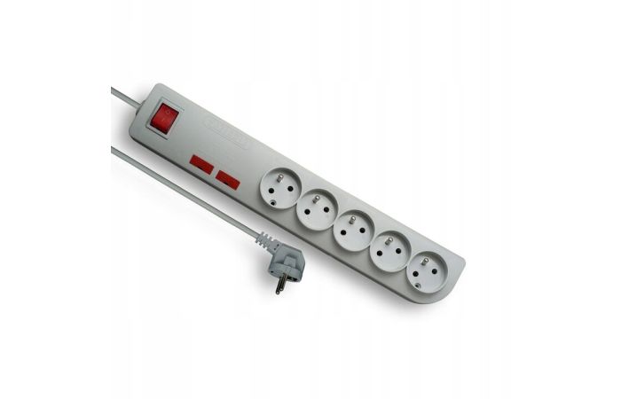 Przedłużacz z filtrem p/przepięciowym i wyłącznikiem 5x gniazd z/u 5x2P+Z przewód 1,5m, szary | PSF2-501 Elgotech