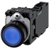 Przycisk podświetlany, SIRIUS ACT, 22mm, okrągły, tworzywo, płaski, z samopowrotem, niebieski | 3SU1102-0AB50-1FA0 Siemens