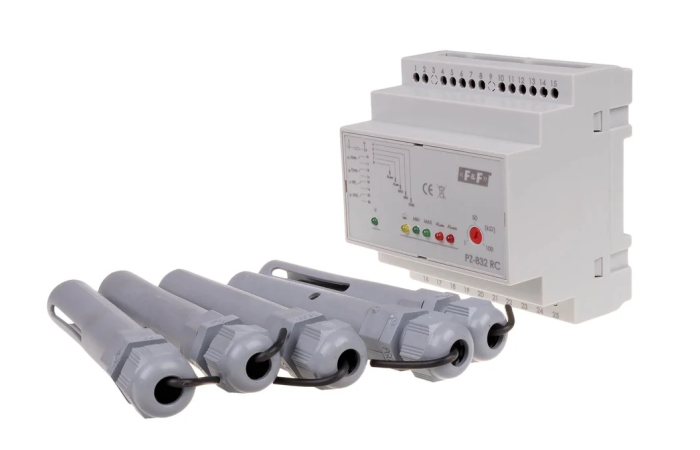 Przekaźnik kontroli poziomu cieczy z sondą PZ-832RC montaż na szynie DIN styk 4x1NO/NC 230V | PZ-832RC F&F