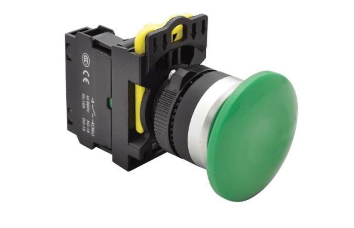 Przycisk grzybkowy, zielony 1×NO, 5A/230V AC-15, 40mm, IP65 | NYG3-MG Tracon