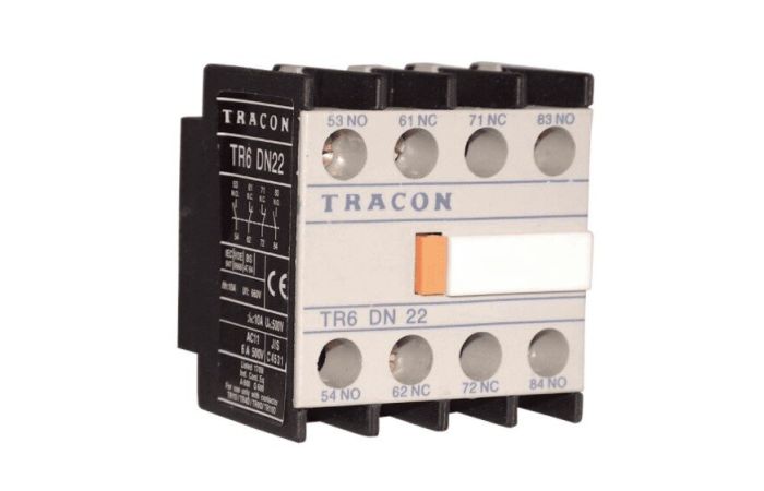 Styk pomocniczy przedni do styczników TR1D/F oraz TR1E 230V, 50Hz, 2A, 2×NC+2×NO | TR6DN22 Tracon