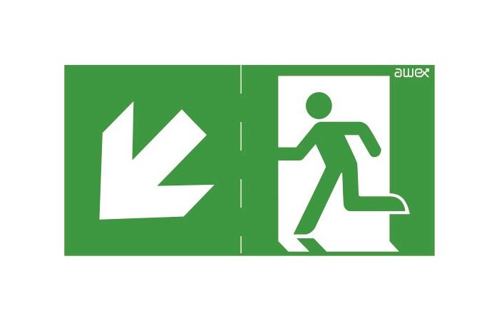 Piktogram 125x250 22 ukośna strzałka góra/dół chłopek w drzwiach, logo Awex (ISO7010) | PS22 Awex