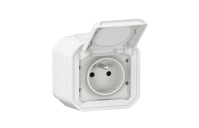 Gniazdo pojedyncze z/u 2P+Z 16A 250V IP55 zaciski automatyczne, komplet n/t, biały, Nowe Plexo | 069781L Legrand