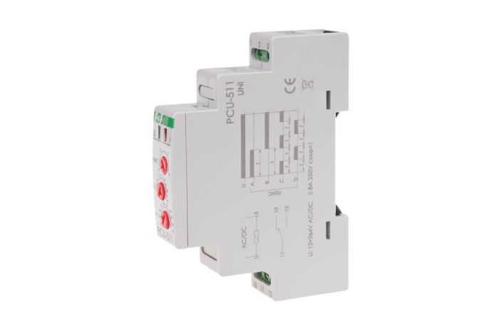 Przekaźnik czasowy PCU-511UNI styk 1NO/NC 12-264V AC/DC na szynę DIN | PCU-511UNI F&F