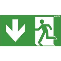 Piktogram 150x300 26 strzałka dół chłopek w drzwiach, logo Awex (ISO7010) | PD26 Awex