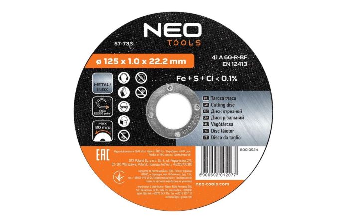 Tarcza tnąca do metalu 125 x 1.0 x 22.2 mm, 41 A60-R-BF, INOX | 57-733 NEO TOOLS