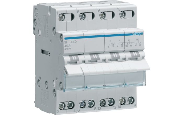 Modułowy przełącznik instalacyjny I-0-II punkt wspólny od góry 4P 40A 400VAC | SFT440 Hager
