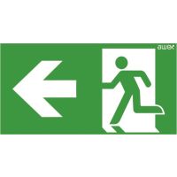 Piktogram 100x300 24 strzałka lewo chłopek w drzwiach, logo Awex (ISO7010) | PM24 Awex