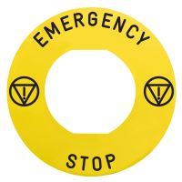 Etykieta Fi-60mm EMERGENCY STOP/logo ISO13850, okrągła żółta, Harmony XB4 | ZBY9330M Schneider Electric
