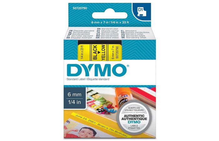 Taśma do drukarek DYMO D1 6mmx7m czarno- żółty | S0720790 DYMO