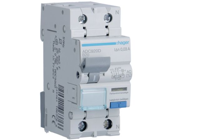 Wyłącznik różnicowoprądowy z członem nadprądowym 2P B 20A 30mA typ AC, RCBO | ADC920D Hager