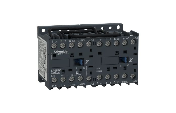 Stycznik nawrotny miniaturowy TeSys 6A AC-3 styk pomocniczy 1NC napięcie cewki 24VDC | LP5K0601BW3 Schneider Electric