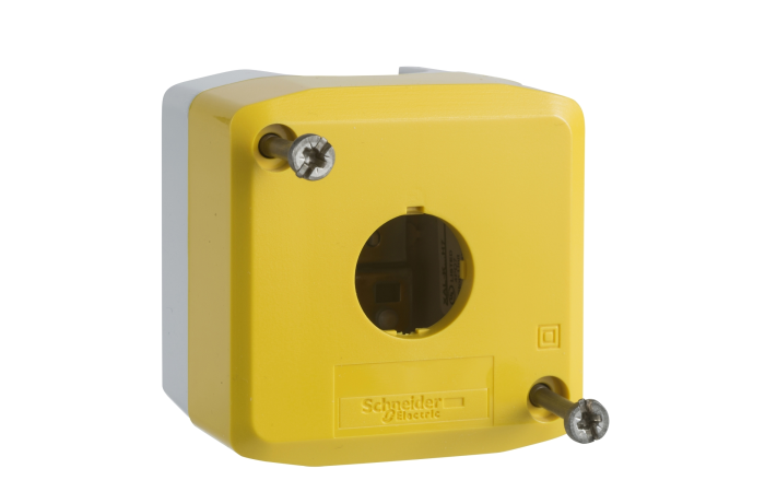 Pusta kaseta sterująca 1 otwór Fi-22mm żółta z jasno szarą podstawą plastikowa, Harmony XAL | XALK01 Schneider Electric