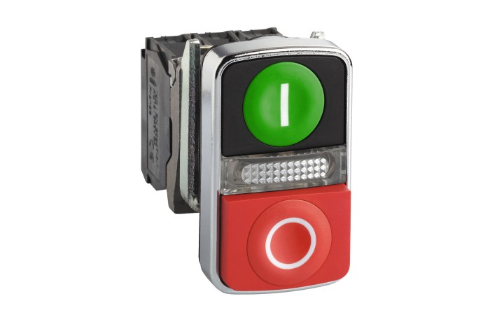 Przycisk podŚwietlany zielony kryty/czerwony wystający podświetlany dwuklawisz Fi22mm 1NO+1NC 240V | XB4BW73731M5 Schneider Electric