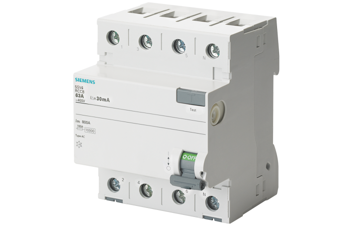 Wyłącznik r&oacute;żnicowoprądowy 3+N typ AC, In: 25 A, 30 mA, Un AC: 400 V | 5SV4342-0 Siemens