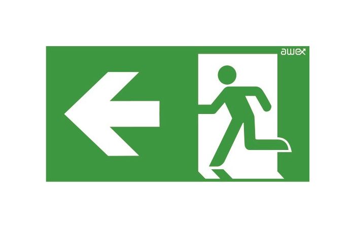 Piktogram 125x250 24 strzałka lewo chłopek w drzwiach, logo Awex (ISO7010) | PS24 Awex