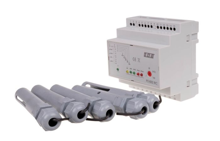 Przekaźnik kontroli poziomu cieczy z sondą PZ-832RC montaż na szynie DIN styk 4x1NO/NC 230V | PZ-832RC F&F