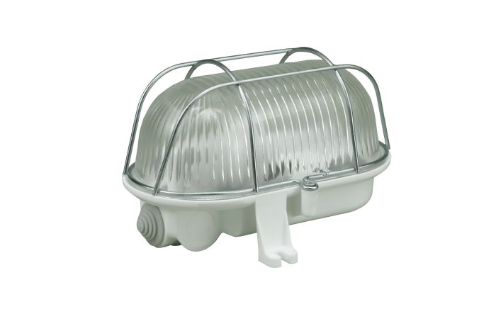 Oprawa kanałowa Owal 60W, biała, klosz przeźroczysty z siatką metalową, IP44 | D.3166 Pawbol