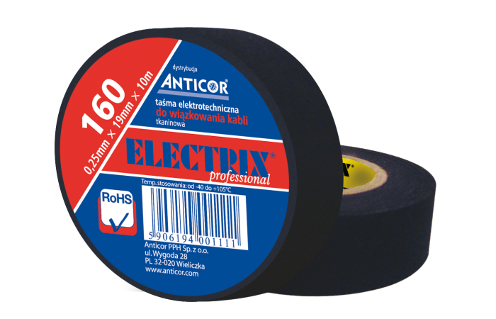 Taśma tkaninowa ELECTRIX 160 19mmx10m, parciana,wysoka wytrzymałości na rozciąganie,zerwanie czarna | PE-160P000-0019010 Anticor