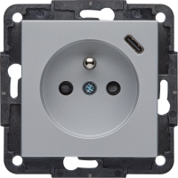 Gniazdo zasilające z uziemieniem z ładowarką USB C 2,4 A / 12W, srebrny, Lumina  | WL4802 Hager