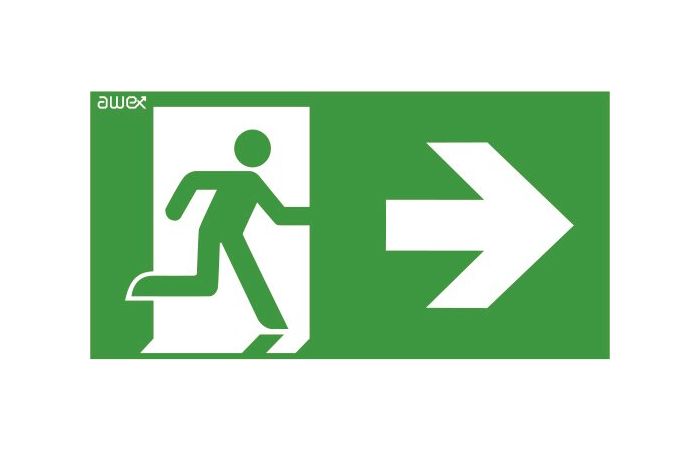 Piktogram 125x250 25 chłopek w drzwiach strzałka prawo, logo Awex (ISO7010) | PS25 Awex