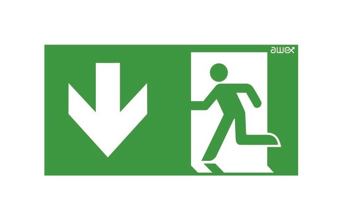 Piktogram 125x250 26 strzałka dół chłopek w drzwiach, logo Awex (ISO7010) | PS26 Awex