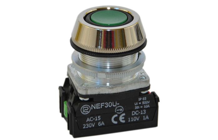 Przycisk sterowniczy z guzikiem krytym NEF30-UKXY, pod otwór Fi-30mm, styki 1NO+1NC, zielony | W0-NEF30-UK XY Z Promet