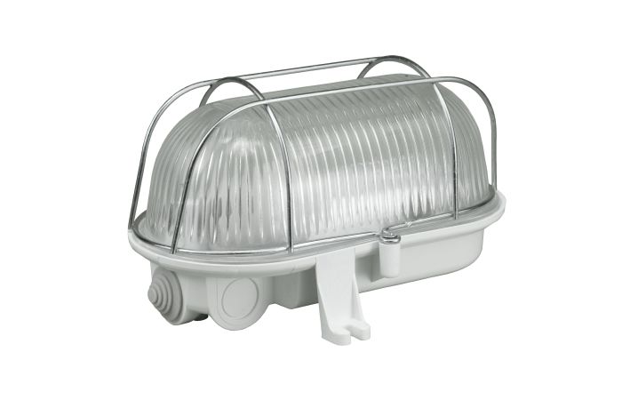 Oprawa kanałowa Owal 100W, biała, klosz przeźroczysty z siatką metalową, IP44 | D.3152 Pawbol