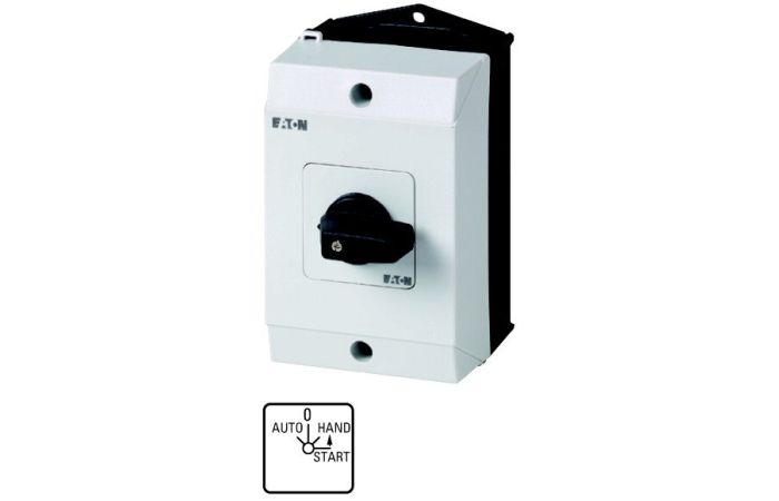 Łącznik krzywkowy 1P, 20A, 6,5kW, A-0-H<START, , pokrętło czarne, w obudowie, T0-2-15907/I1 P/T | 207095 Eaton