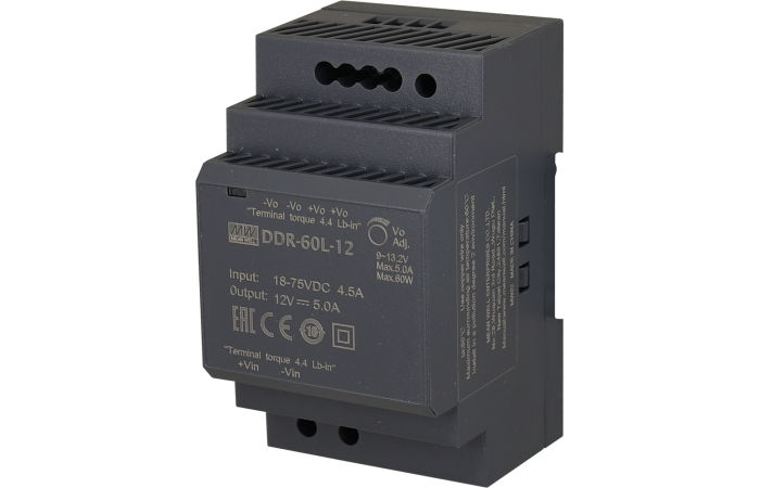 Przetwornica DC/DC, 60W, Uwyj 12VDC, Iwyj 5A, 52,5x90x54,5mm ROHS | DDR-60G-12 Meanwell