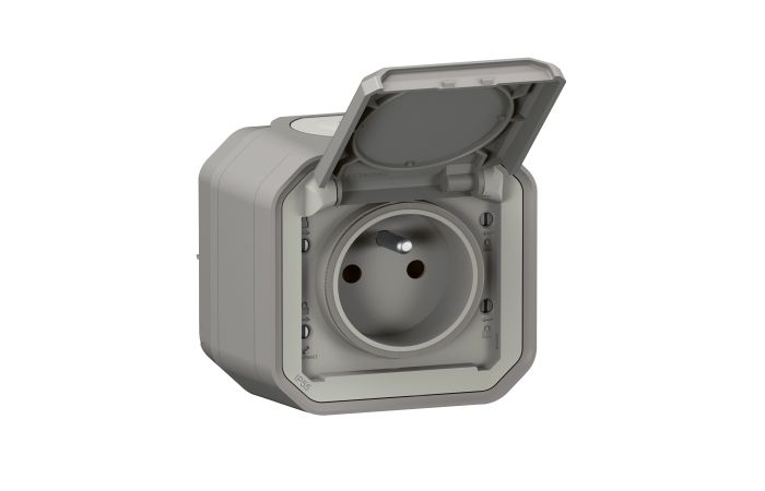 Gniazdo pojedyncze z/u 2P+Z 16A 250V IP55 zaciski automatyczne, komplet n/t, szary, Nowe Plexo | 069731L Legrand