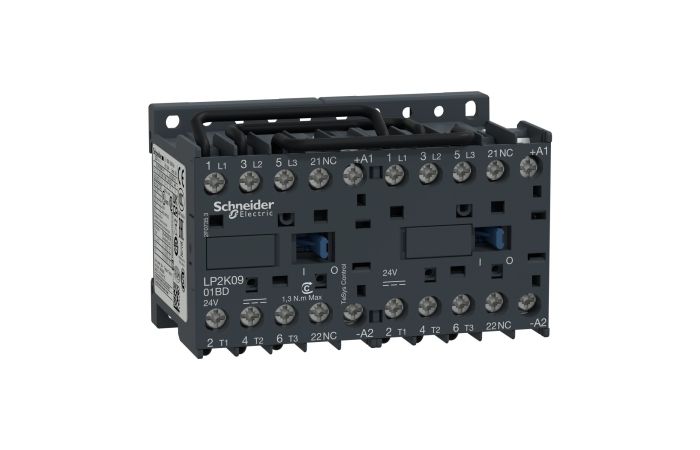 Stycznik nawrotny miniaturowy TeSys 9A AC-3 styk pomocniczy 1NC napięcie cewki 24VDC | LP2K0901BD Schneider Electric