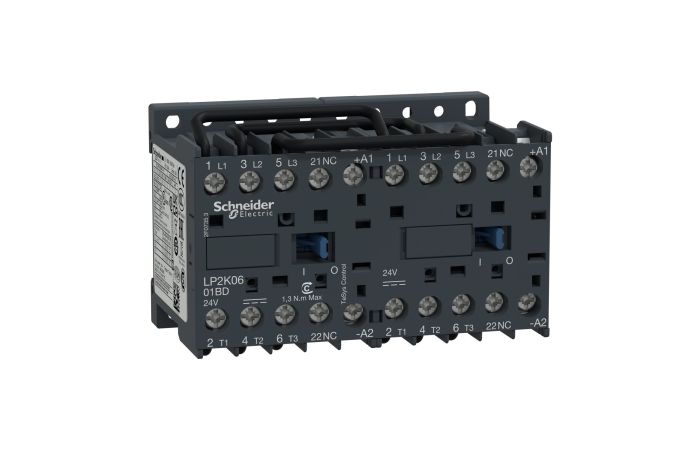 Stycznik nawrotny miniaturowy TeSys 6A AC-3 styk pomocniczy 1NC napiecie cewki 24VDC | LP2K0601BD Schneider Electric